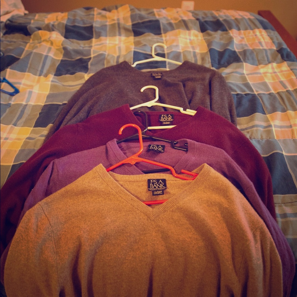 Joseph A Bank cashmere v-neck sweaters.